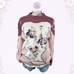Vintage Floral Sweater • 90s Cottagecore Ramie Knit • Mock Neck Pullover • S